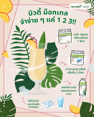 Iced orange drink with mint beside a tub of drink powder and a halved orange (4/4)