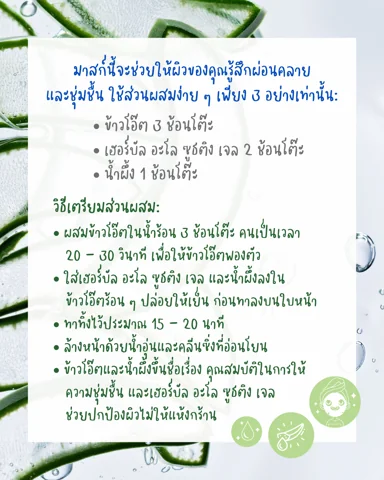 หลอดเจลสีเขียวขาว ชามข้าวโอ๊ตกับช้อนไม้ โถน้ำผึ้ง และใบว่านหางจระเข้บนโต๊ะหินอ่อน (2/3)