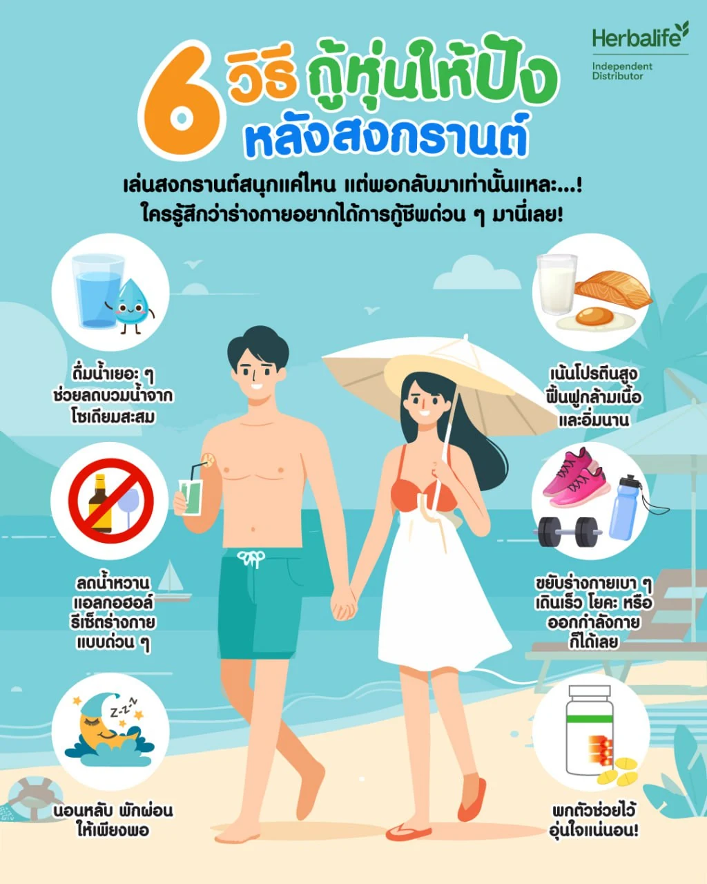 ภาพการ์ตูนคู่รักเดินจับมือริมชายหาด รายล้อมด้วยไอคอนน้ำดื่ม อาหาร รองเท้าวิ่ง และการนอนหลับ