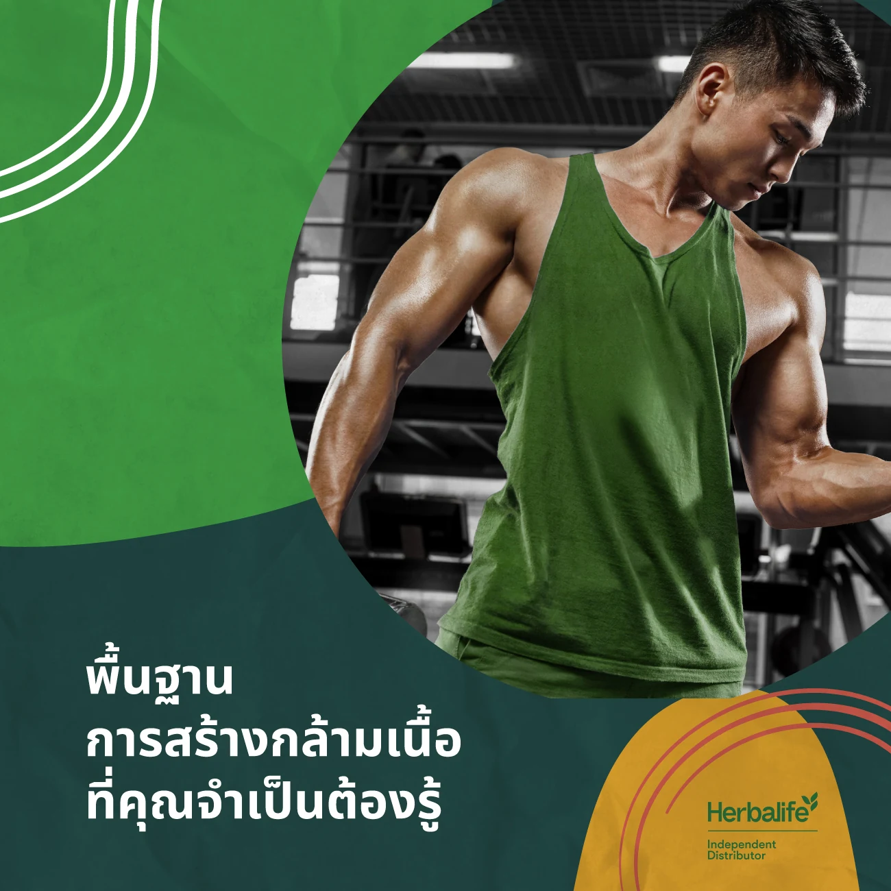 A man in a green vest training in a gym, with the words 'Muscle-building basics you need to know'