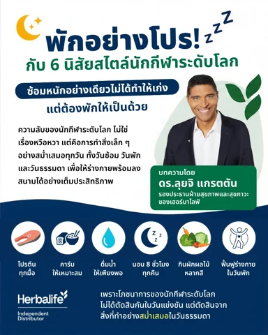 อินโฟกราฟิก 6 นิสัยการพักของนักกีฬา พร้อมภาพอาหาร น้ำดื่ม การนอน และการยืดเหยียด (2/4)