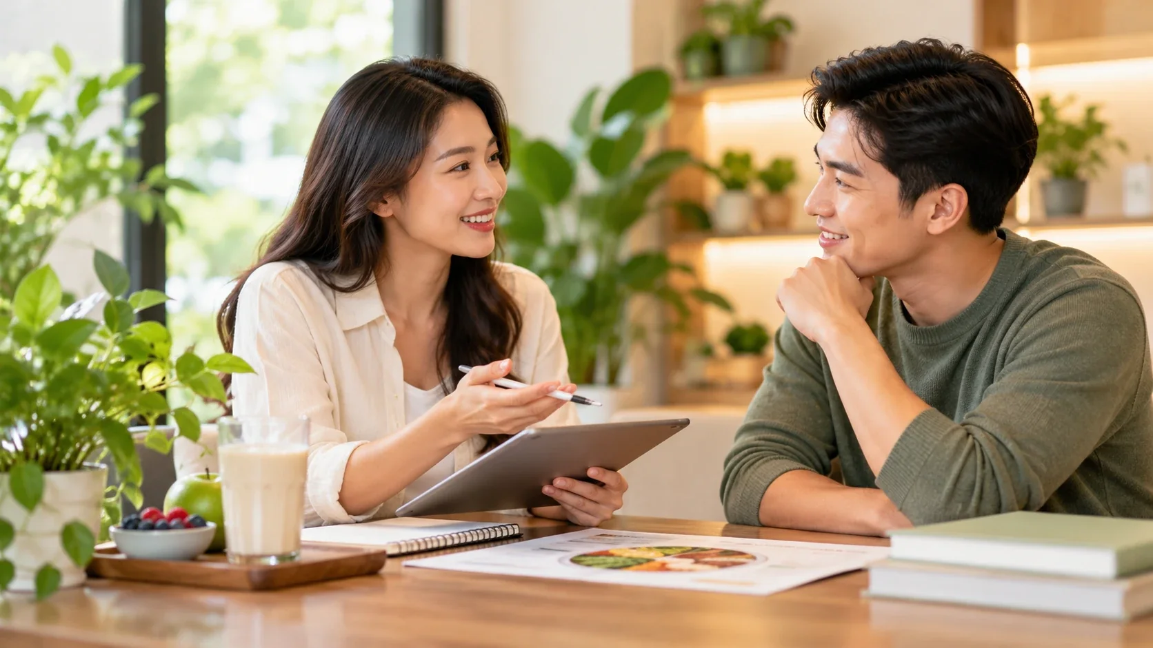 A woman holding a tablet talking with a man at a table, with a shake and fruit on the table