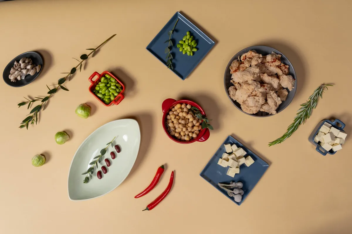 A variety of plant protein foods in bowls on a table, such as chickpeas, edamame, tofu and red beans