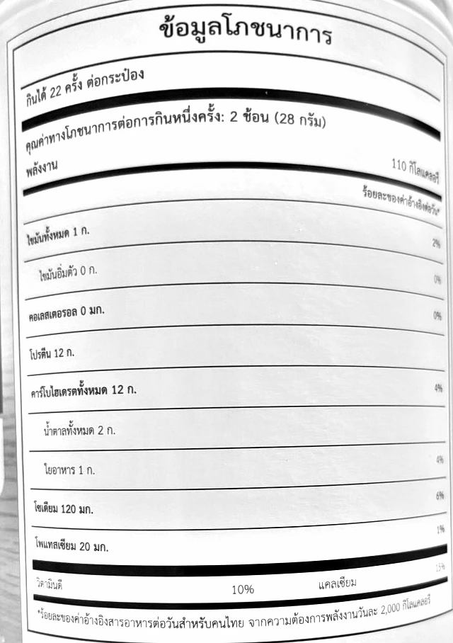 Nutrition facts table from the label