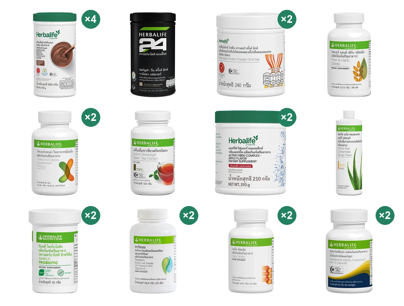 The 12 products in the set on a white background with ×2 and ×4 quantity badges: shake canisters (flavour shown is an example) ×4, a black drink canister, protein powder ×2, fibre and tablet supplement jars, a green tea powder jar and an aloe drink bottle; details are in the list below