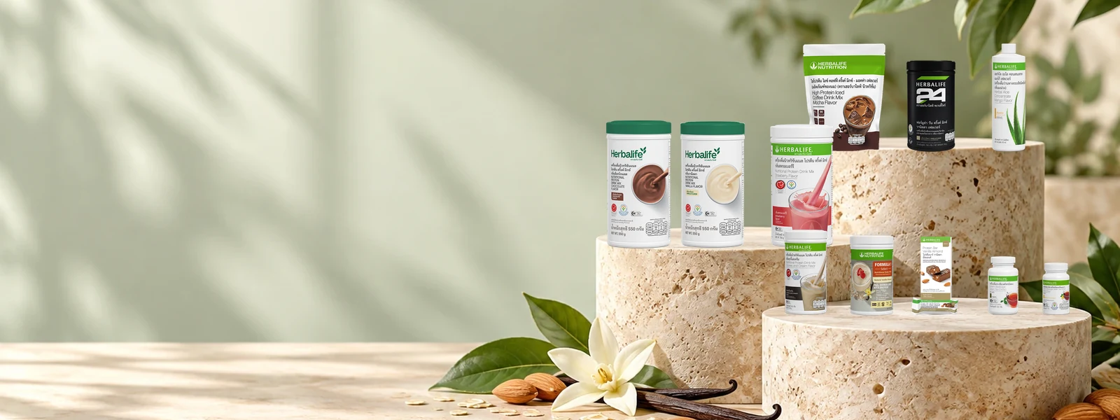 Nutrition products on stone pedestals